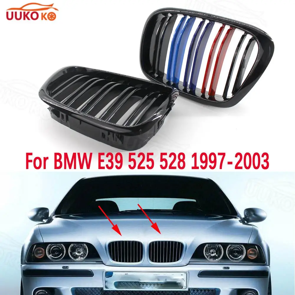Gloss Black Double Slat M-Color Front Kidney Grilles Fit For BMW E39 525 528 1997-2003 Auto Parts