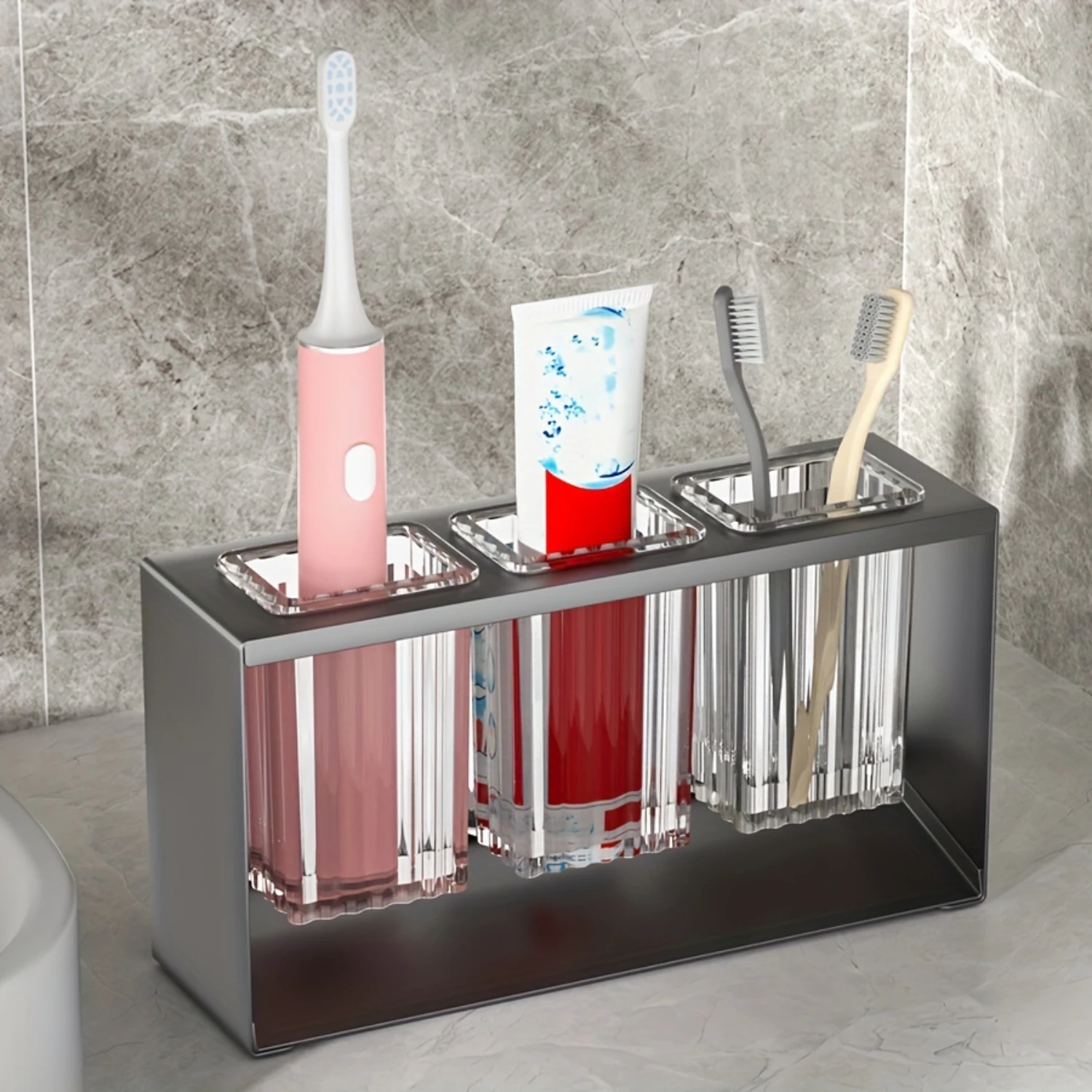 

Premium Modern Toothbrush Holder Stand - & Manual Compatible, Space-Saving Countertop Organizer, Stylish Bathroom Decor, Toothp