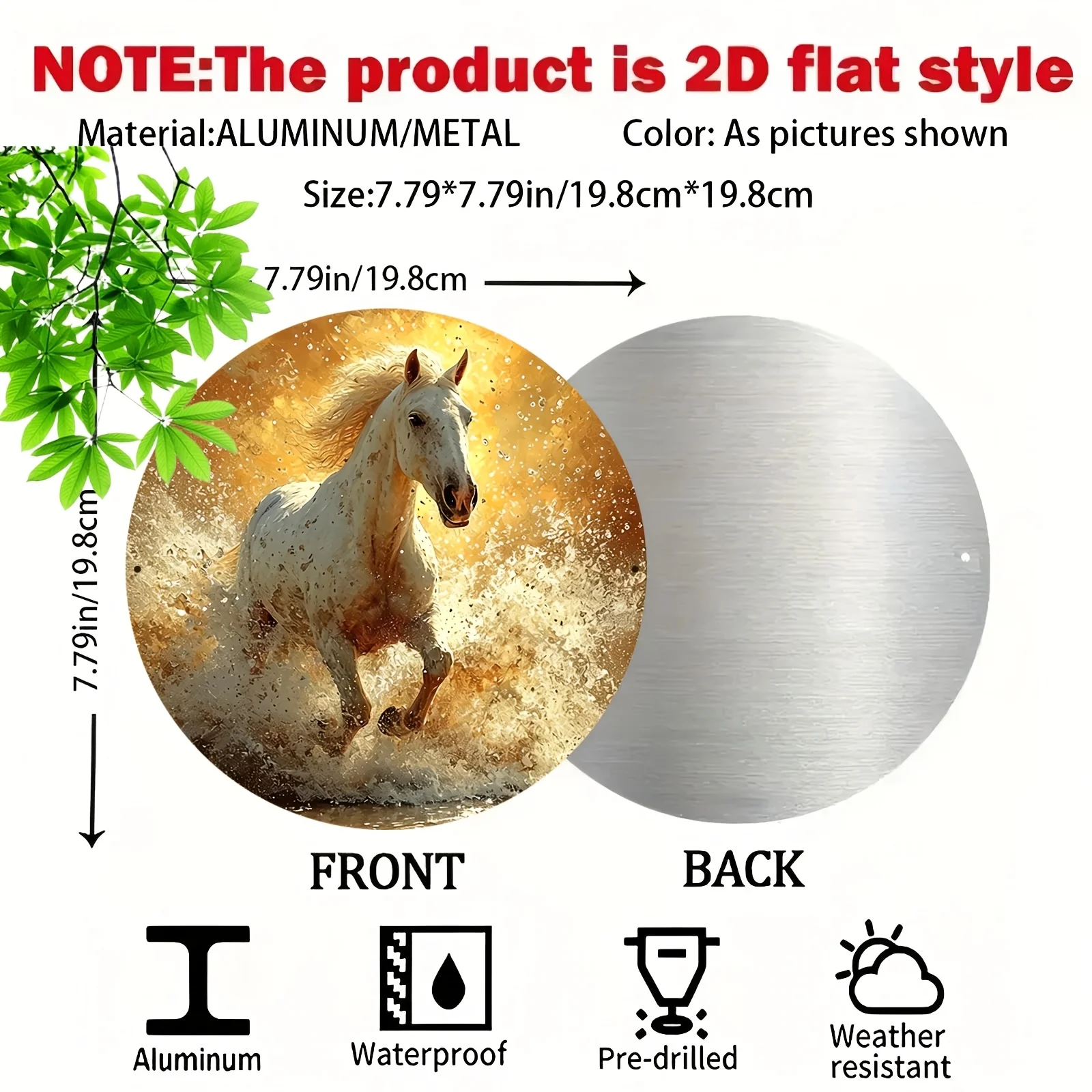 2D Flat, 1pc 8x8 Inch (20cm) Round White & Golden Galloping Horse Metal Wall Art Sign - UV/Scratch/Flame Resistant Aluminum Plaq