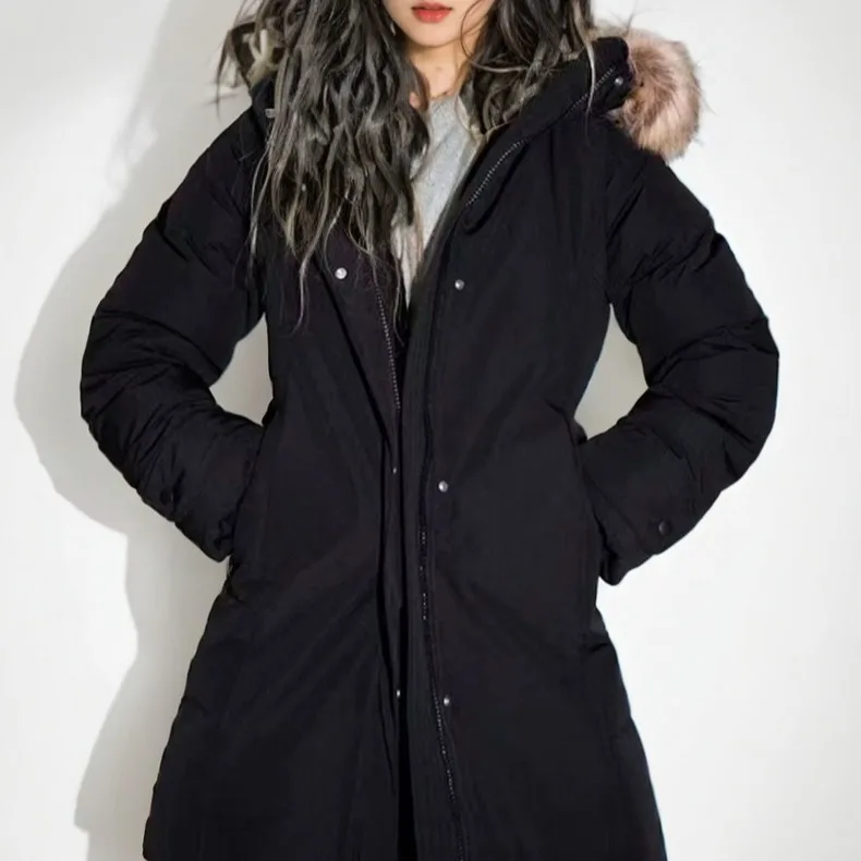 

Women's black hooded medium and long cotton coat parka jacket