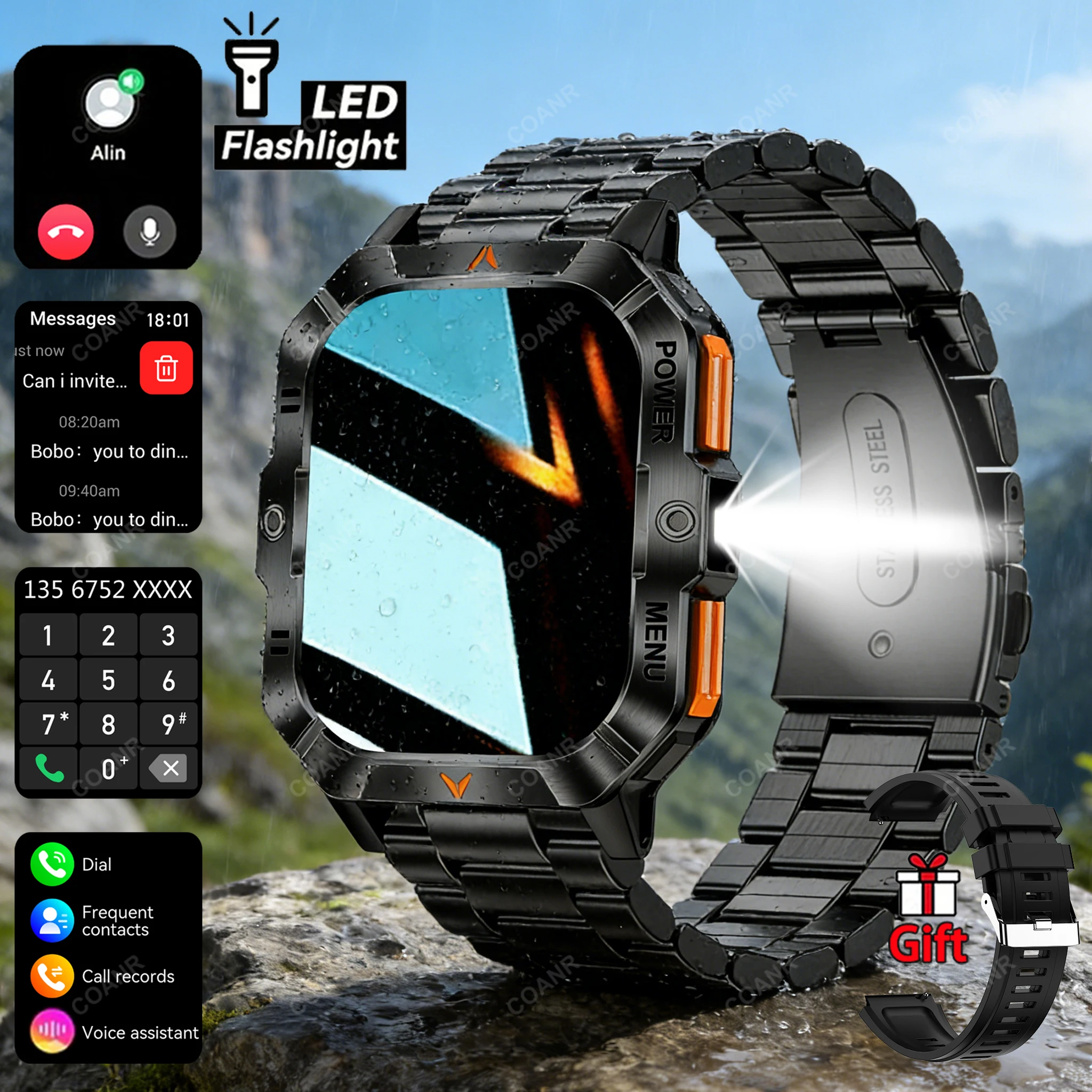 

Новые смарт-часы 2026 года военного класса для мужчин с IPS-экраном 2,01 дюйма, LED-фонариком, трекером фитнеса и беспроводными звонками