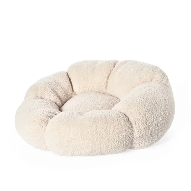 Teddy Plush Donut Round Fluffy Puppy Bed Cute Flower Calming Medium Cat Bed with Non-slip bottom