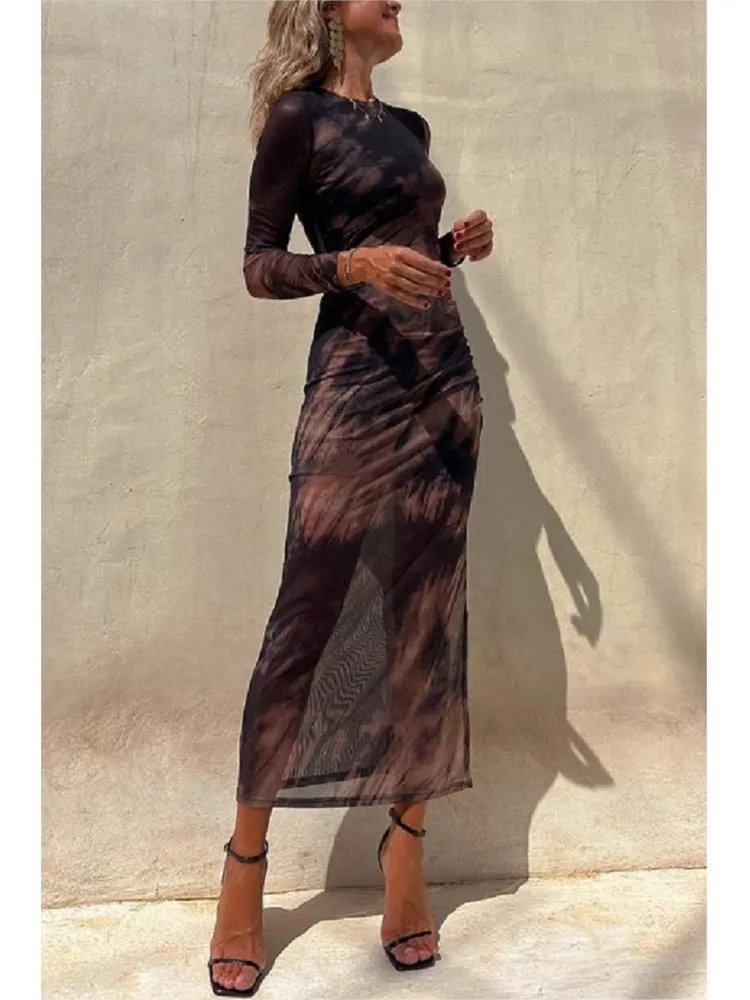 Tie Dye Printed Mesh See Through Women's Long Skirt Sexy Slim Fit Split Party Evening Dress 2024 Spring New Fashion Club Vest