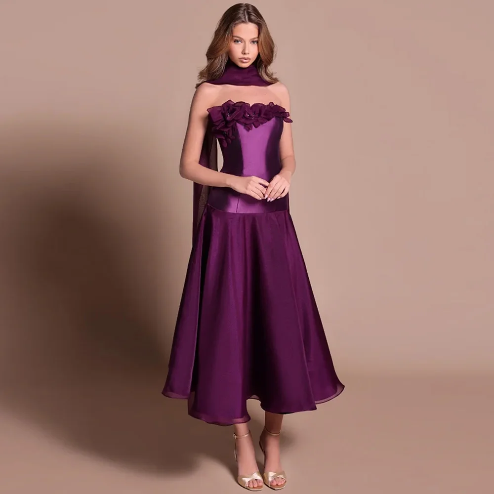 

Customized Strapless Sleeveless Evening Dress Delicate Flowers Party Dresses High Quality Purple A-Line Tea Length Prom Dress