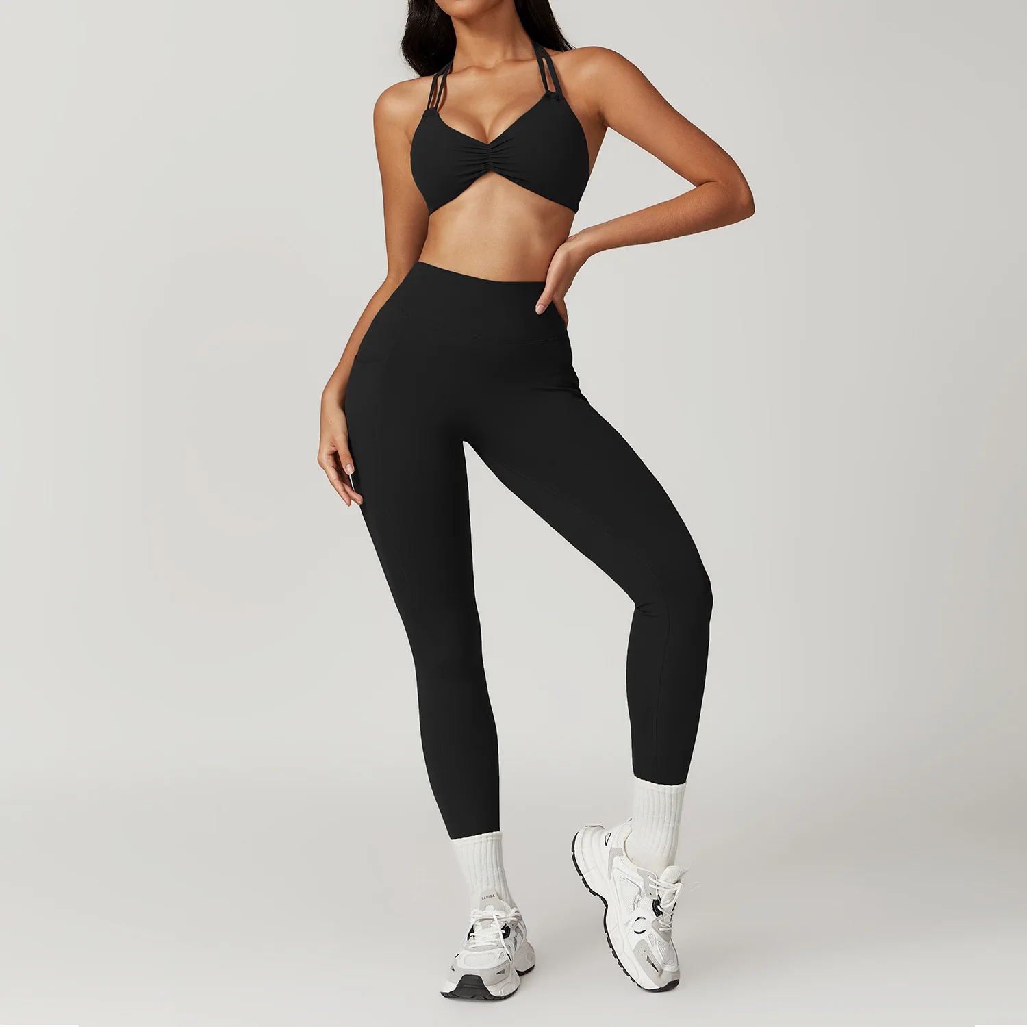 MODITIN-Conjunto de gimnasio para mujer, sujetador Sexy fruncido, Tops de cintura alta, Leggings de Fitness con bolsillos, secado rápido, ropa de Yoga cómoda, 2024