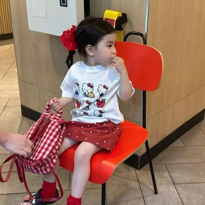 حار مرحبا كيتي الاطفال الكرتون تي شيرت سانريو فتاة القطن قصير الأكمام Kawaii موضة الترفيه لينة ملابس الصيف فضفاضة جديدة