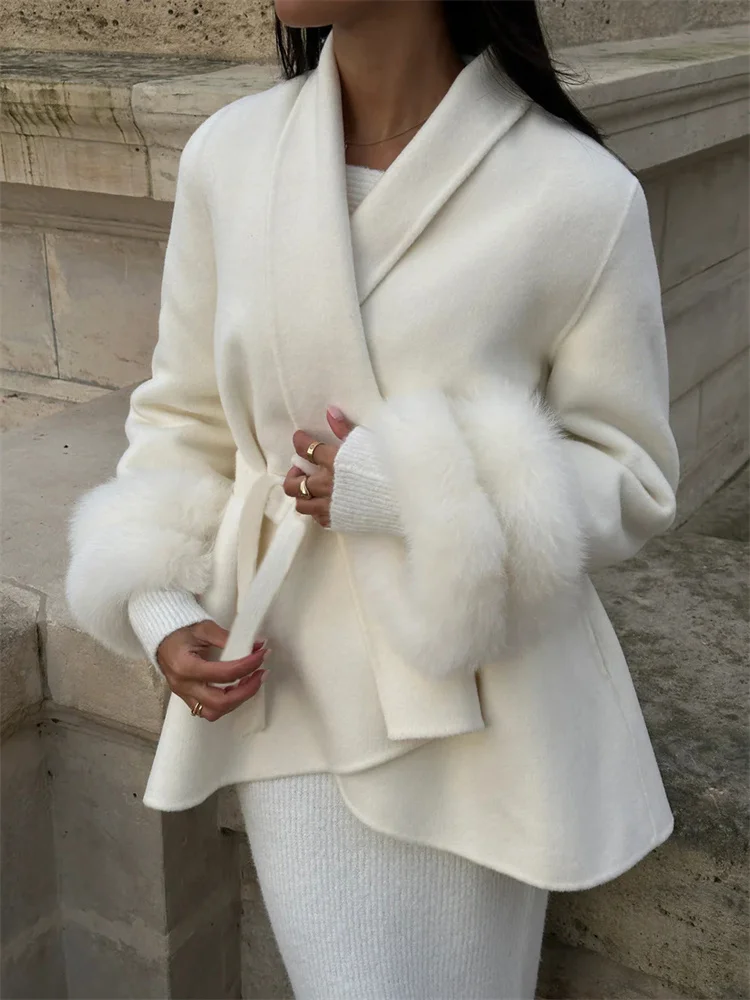 

Tossy White Luxury Winter Fur Feather jacket For Women Patchwork Lapel Elegant Lace-Up High Waist Outwear Female Overcoat 2025