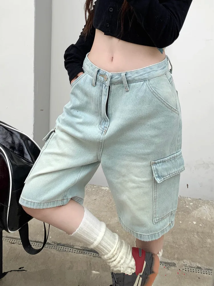 GUUZYUVIZ American Style Blue Denim Cargo Short Pants Women Y2K Casual Loose Side Big Pocket Ladies Long Jean Shorts