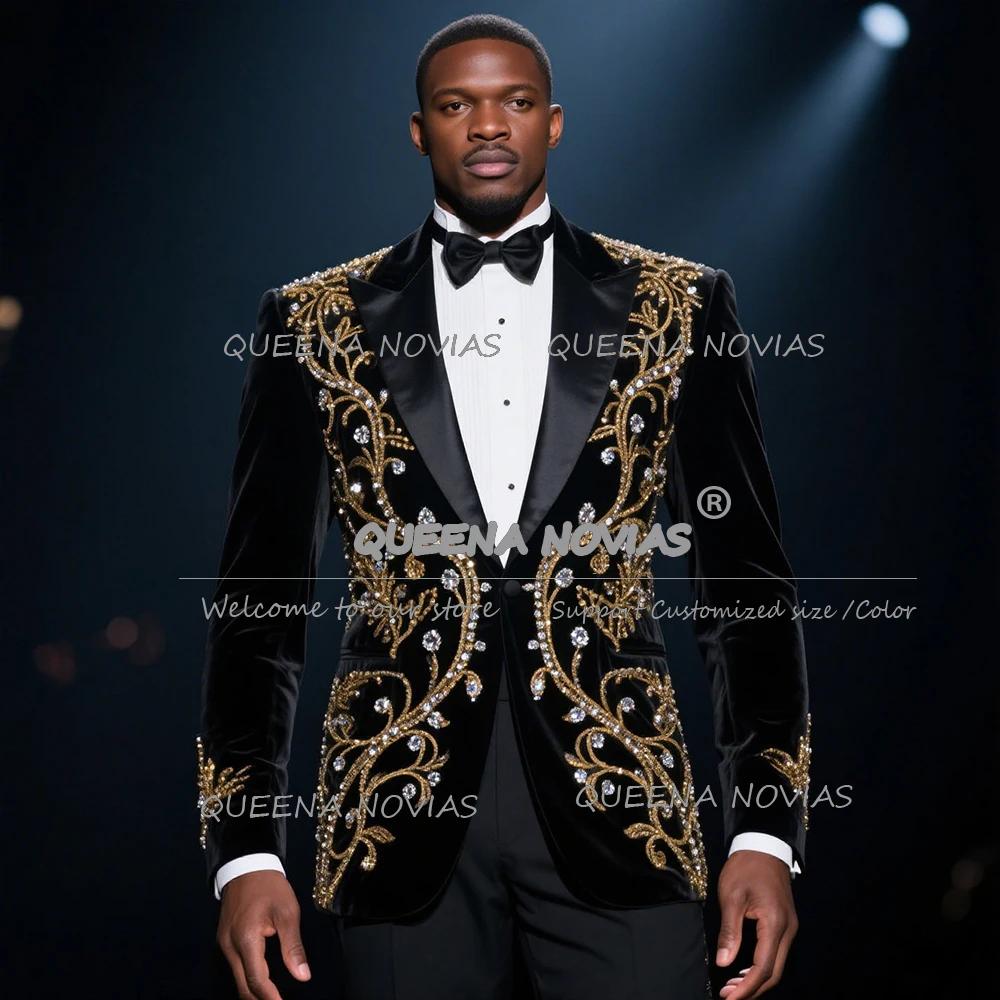 

Luxury Beaded Stones Tuxedos Suits Men For Wedding Prom Groom 2 Pieces Sets Groom Prom Blazers Male trajes elegante para hombres