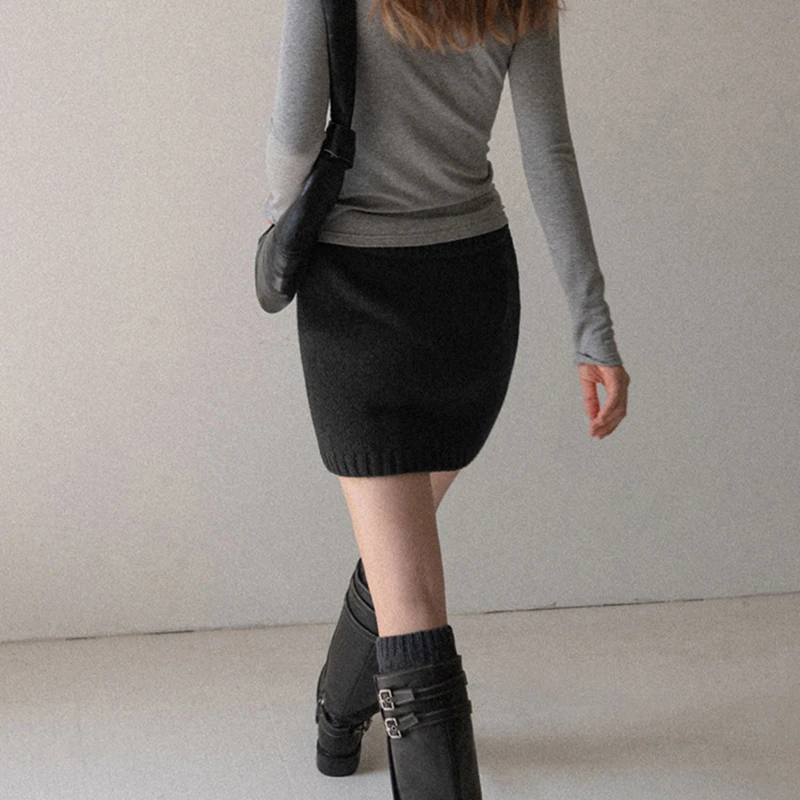 Solid Color Knitted Mini Skirts Women Elastic Waist Solid A-Line Skirt Black Slimming Basic Office Mini Skirts