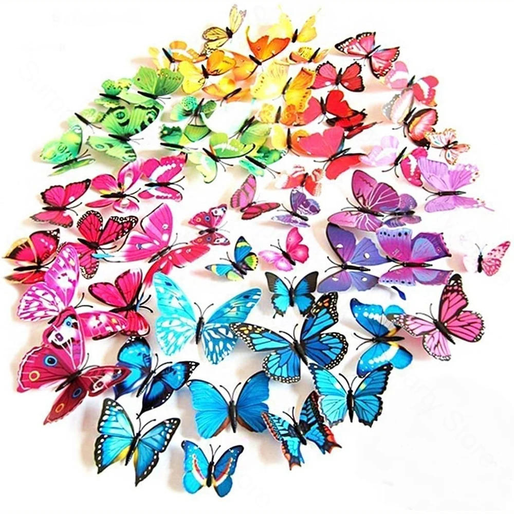 12Pcs 3D Butterfly Wall Decor Double Layer 3D Colorful Butterfly Wall Stickers Wedding Party Decorations Home Refrigerator Decal
