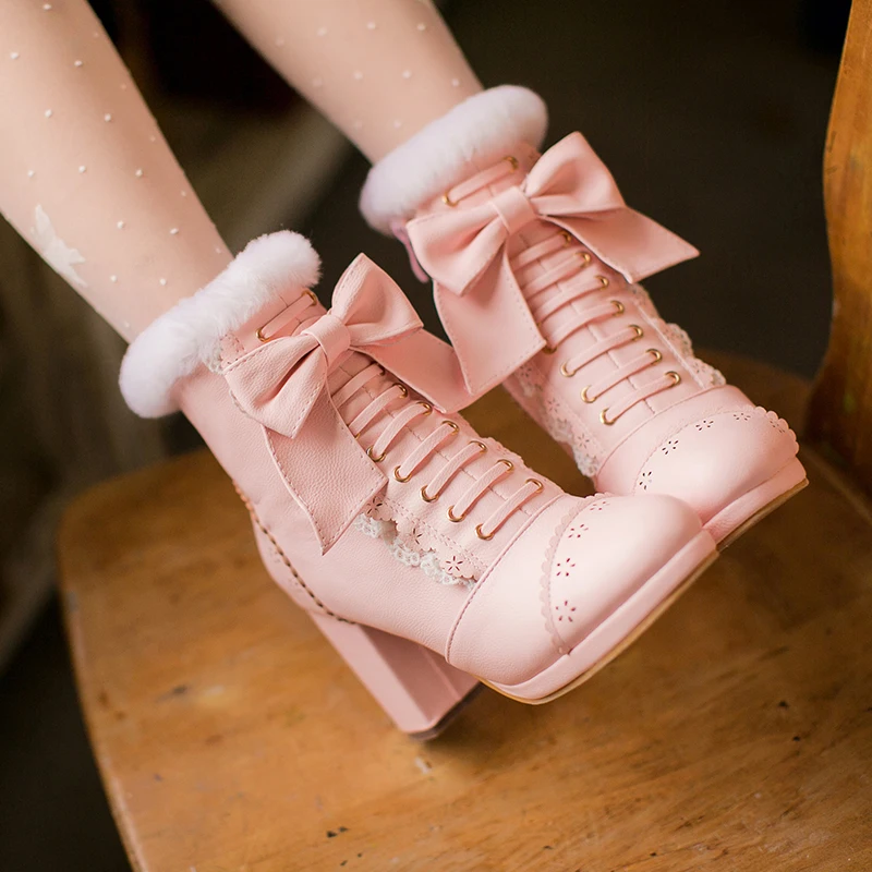 

Warm Plush Pink White Ankle Lolita Boots Women Zipper Shoes Woman Lovely Sweet Bow Lolita Shoes Female Winter Furry Boots