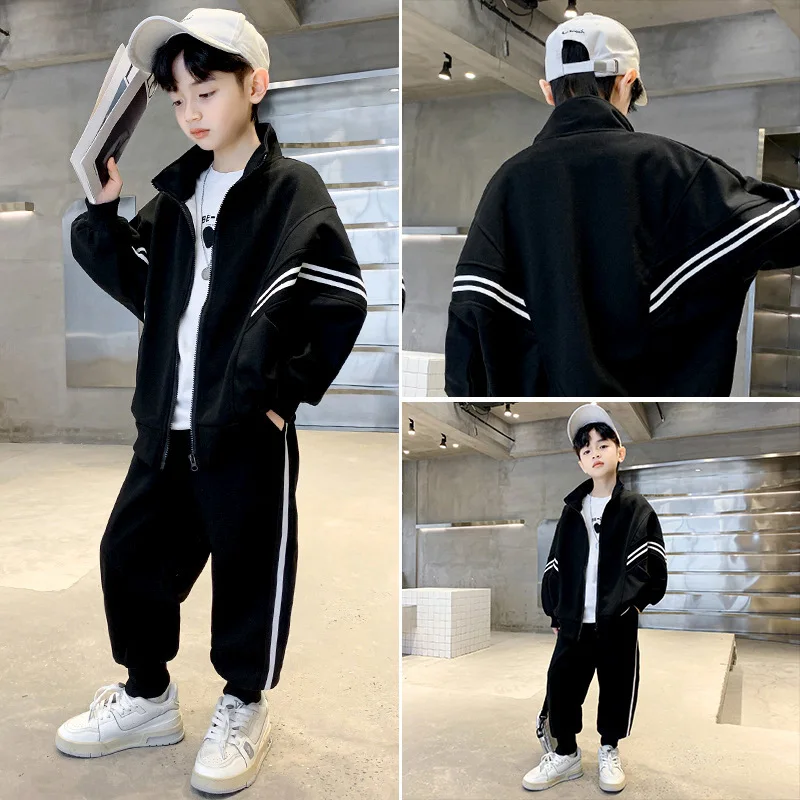 2024 autumn winter Boy tracksuit striped Teenager Clothes jacket zipper hooded + sport Ankle-tied Pant Children set 8 10 12 year