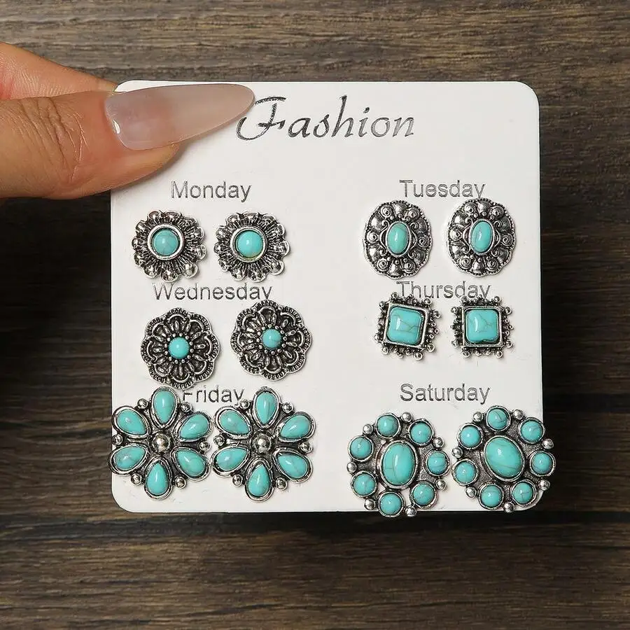 

6-18pcs Vintage Bohemian Turquoise Floral Geometric Earring Set For Women