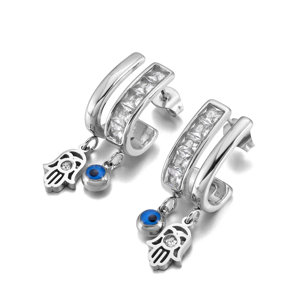 Lokaer Stainless Steel Turkish Demon Eye Hoop Earring Cubic Zirconia Fatima Hand Hollow Evil Eye Earrings for Women Gifts E26055 view 3