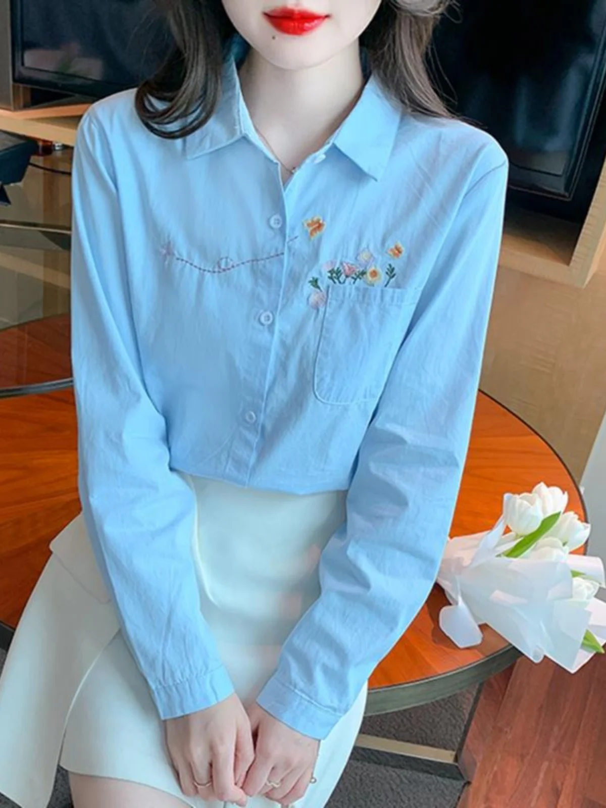 

Женская блузка Fenixuan Весна 2025 с длинным рукавом из чистого хлопка с вышивкой, универсальный модный топ в корейском стиле, омолаживающий образ