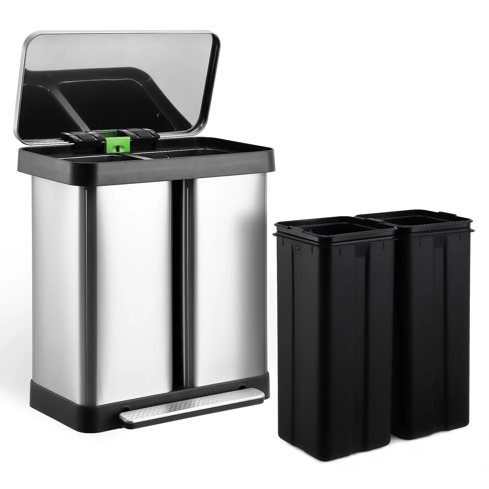 Fashionwu Stainless Steel Dual Trash Can,2x8 Gal Garbage Can,Pedal Recycle Bin with Lid and Inner Buckets,Rectangular Hands-Free