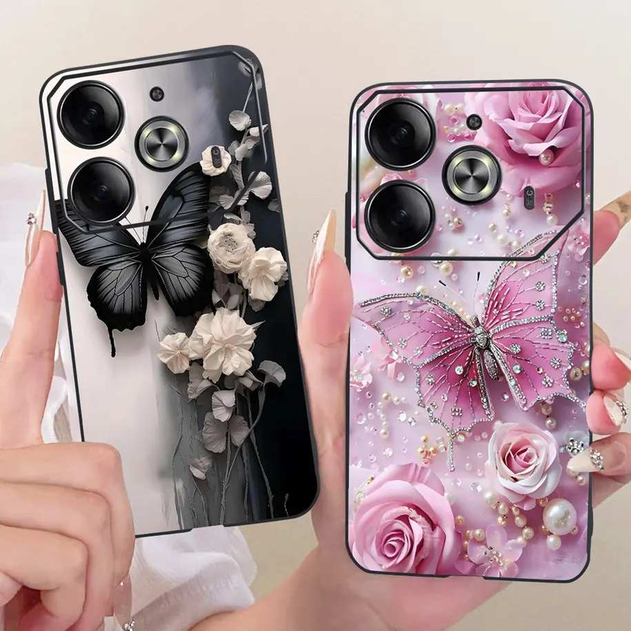 Case For Tecno Pova 6 Pro 5G Cover LI9 Popular Flower Butterfly Soft Black Silicone Phone Cases For Tecno Pova 6 LI7 Pova6 Funda