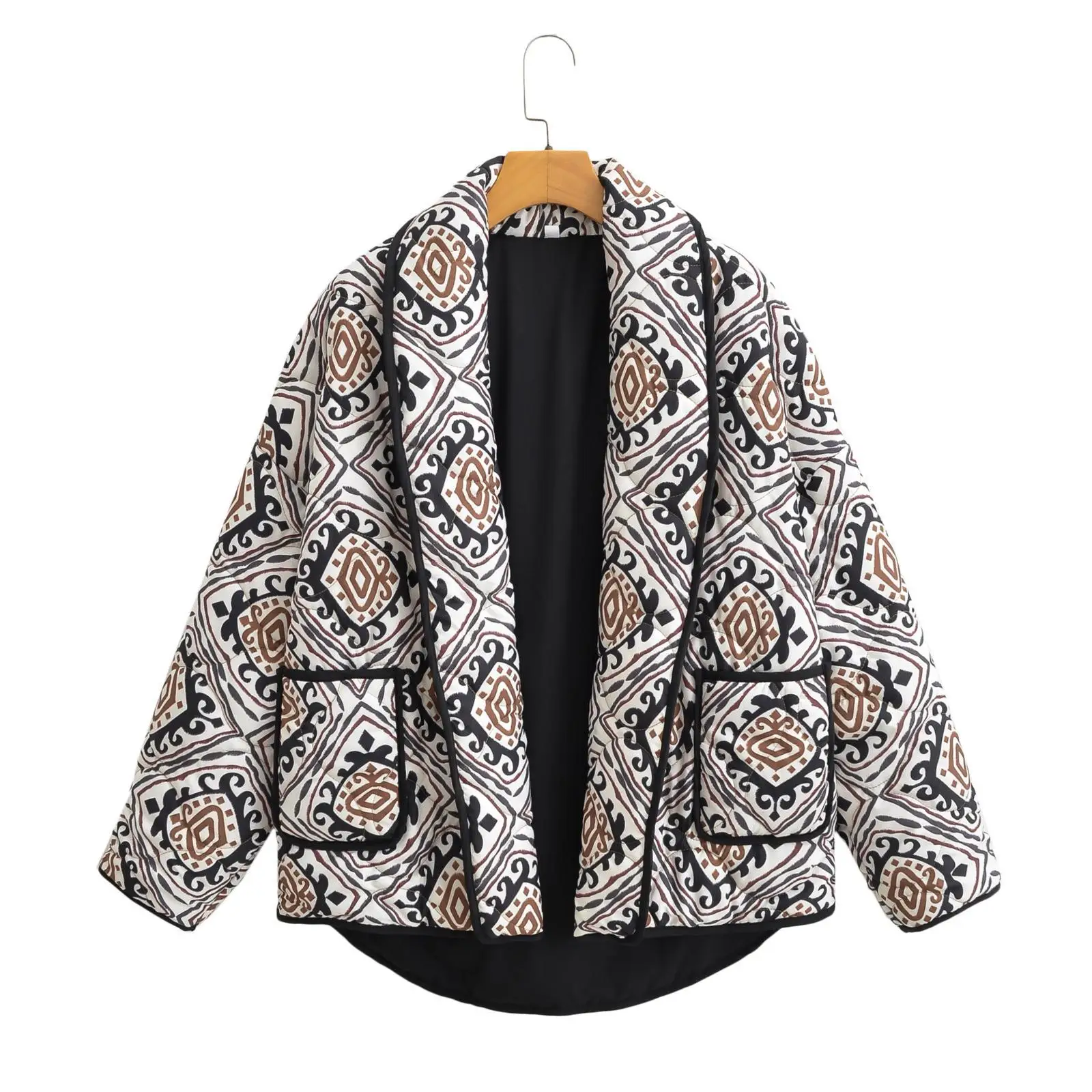 

Women's Printed Stand Collar Cotton Jaet Long Sve Ultra-ort Length Autumn Faion Ladies' Cotton Coat