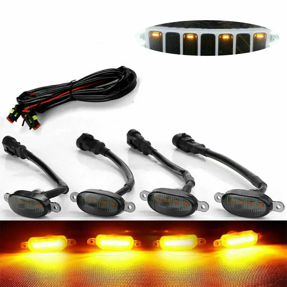 

4Pcs Front Grille LED Light Raptor Style Grill Car Smoked Amber Grill Light Lighting For Jeep Grand Cherokee 2003-2021