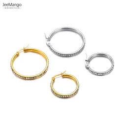 JeeMango Stainless Steel 35/25mm Hoop Earrings For Women Gold Color Cubic Zirconia Waterproof Texture Geometric Jewelry JE23152