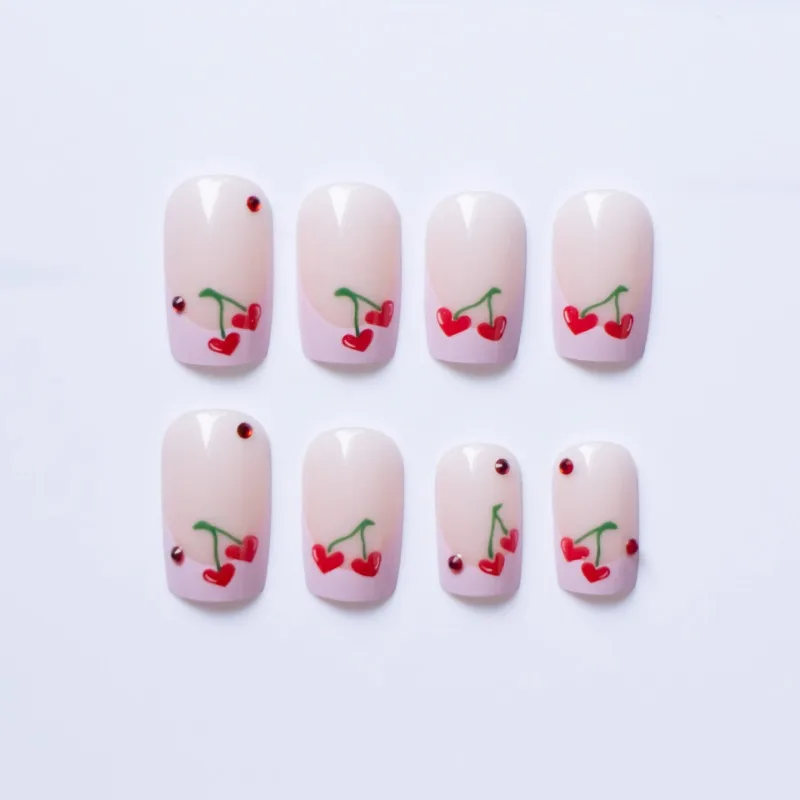 24pcs Square Short Cherry Heart Pink Press on Nails To Stick on French Tip Red Diamonds Medium Fake Nails with Glue False Nail