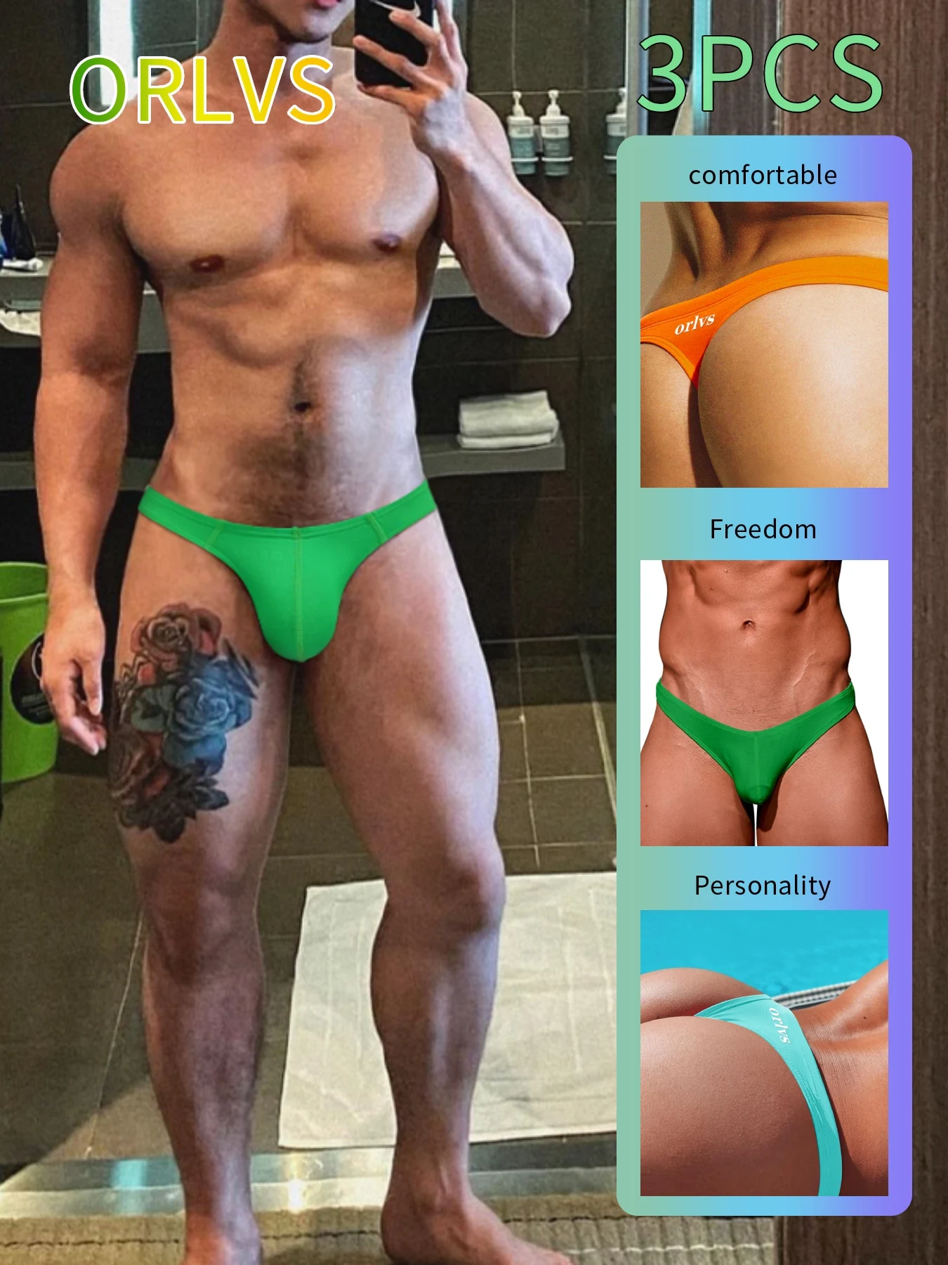 

3PCS-Men's Backless G-String Thong with Easy-Access Pouch - Solid Color Lifting Bikini Briefs.