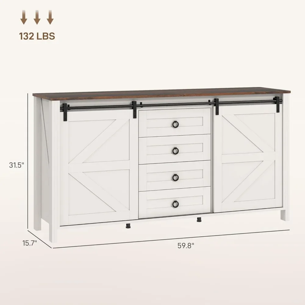 

Farmhouse Sideboard Buffet Cabinet with Storage,60" Kitchen Cabinet with 2 Sliding Barn Doors,4 Drawers and 2 Adjustable Shelves
