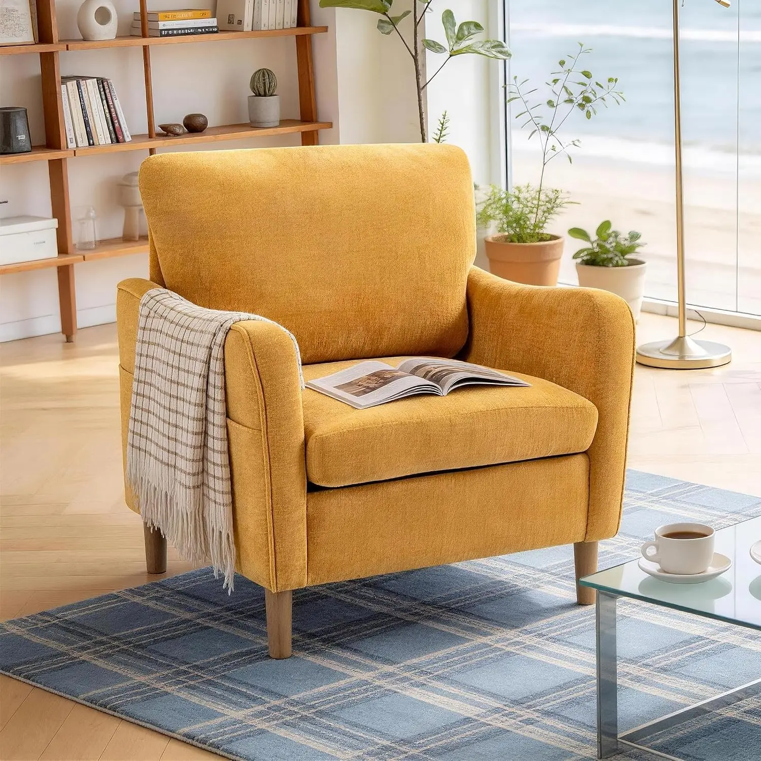 Accent Chair for Living Room, Mid Century Modern Reading Chairs for Bedroom, Upholstered Armchair, Comfy Single Sofa Chairs