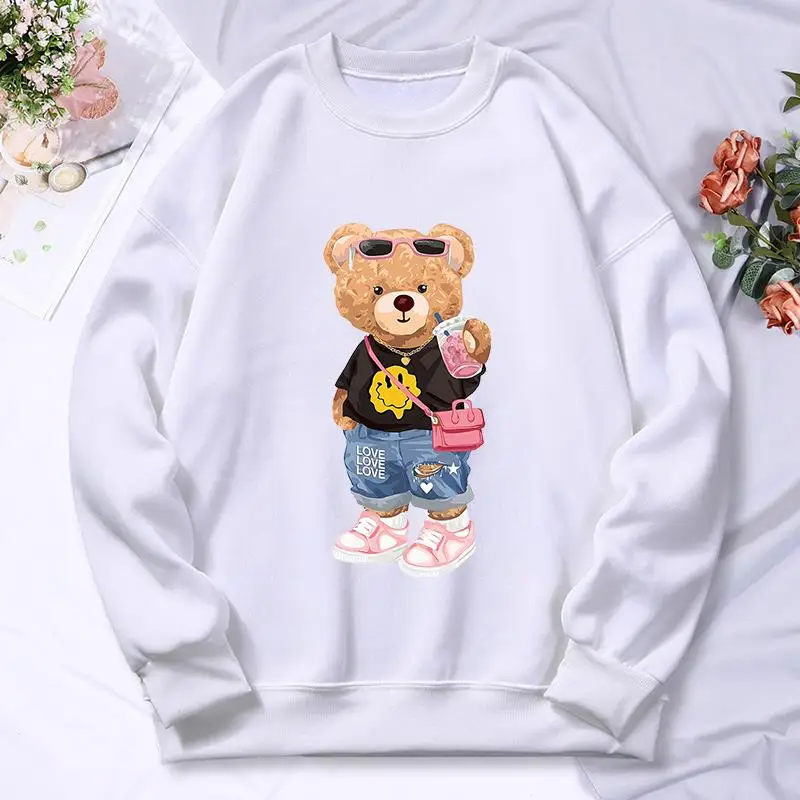 Bear Sister Drinking Milk Tea Printing Women\'S Hoody Autumn Warm Fleece Sweatshirt Casual Hoodies Hip Hop Loose Pullovers Top