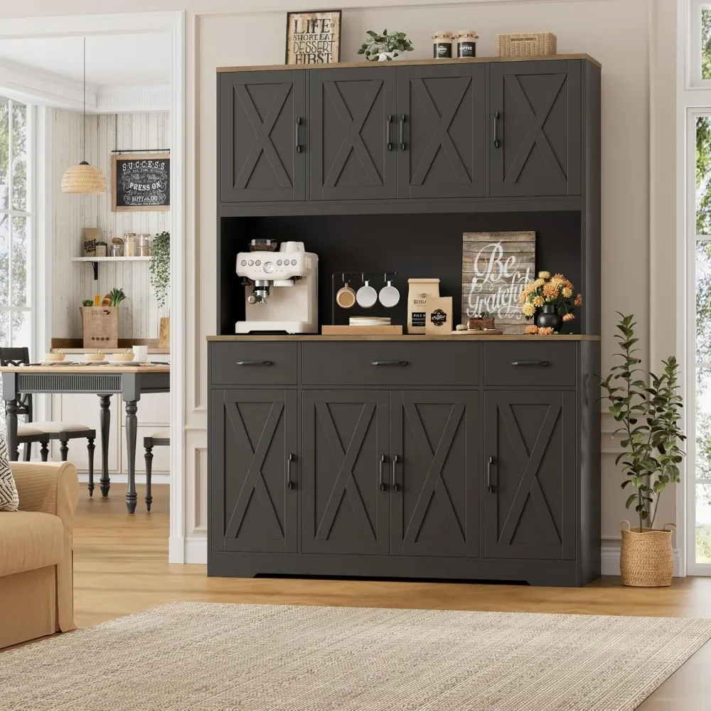 

71 Tall Kitchen Pantry Storage Cabinet with Charging Station, 55 Wide Kitchen Hutch Cabinet with Large Countertop