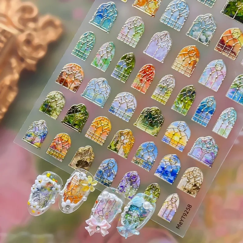 1pc Colorful Church Window Pane Design 3D Nail Stickers Painted Glass Window Self-adhesive Nail Accessories For DIY Decorations
