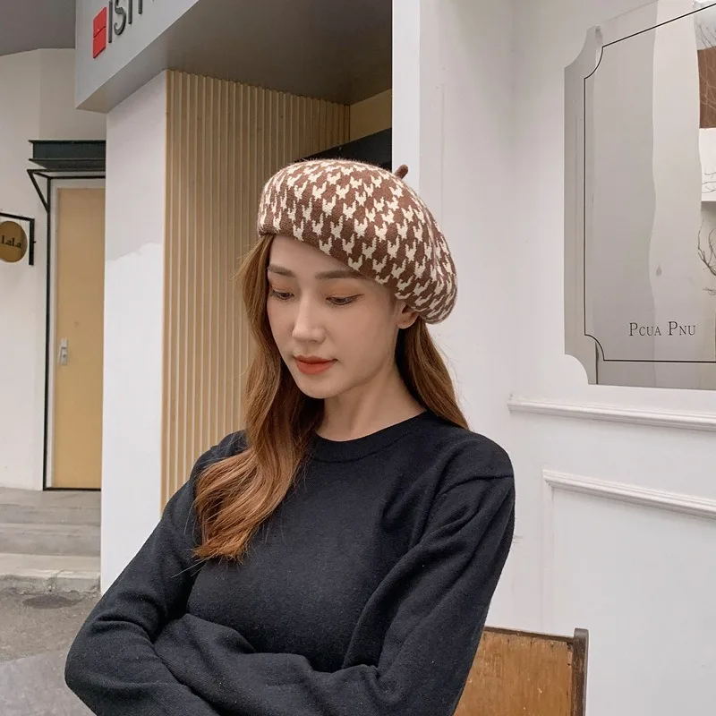 2024 Women\'s Autumn/Winter Casual Beret Thousand Bird Check Knitted Warm Stylish Personality Artist Hat