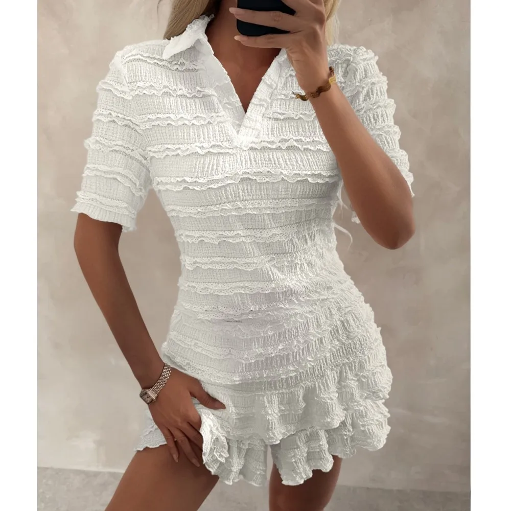 

2026 New Two-piece Set Women's Solid Color Lapel Short-sleeved Top Ruffled Shorts Suit Casual Commuting Vacation 2-pieces Outfit