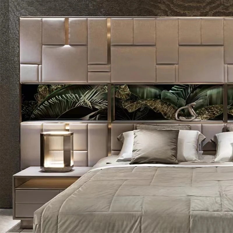 xj-Luxury Headboard Bed Modern Double Top Grain Leather Beds Frame Modern Italian Leather Luxury Double King Size Bed*