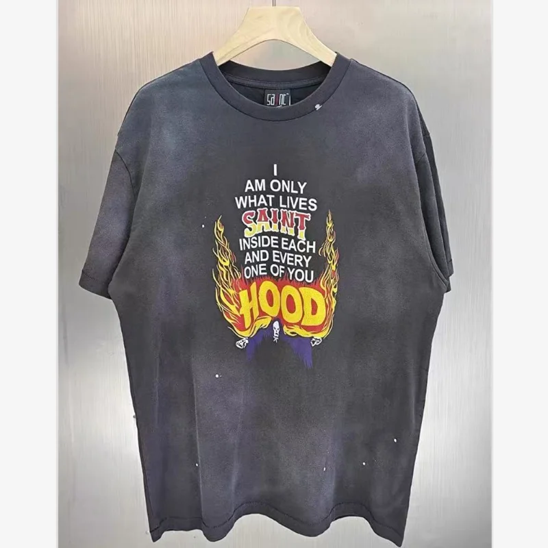 High Street Loose Hip Hop Washed Gray Vintage T-Shirt Saint Hand Painted T Shirt Heavy Fabric Man Woman High Quality Tops Tees