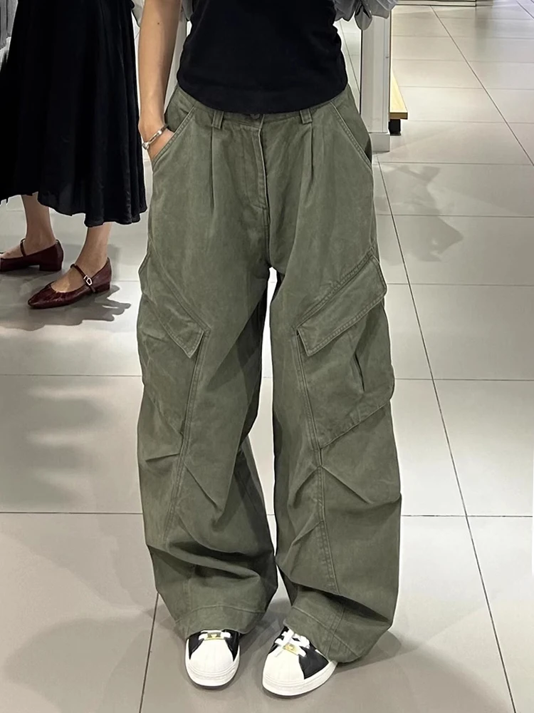 

American Retro Wide Leg Jeans Women Summer New Folded Loose Straight Floor-Length Pants Denim Fabric High Waist Long Trousers