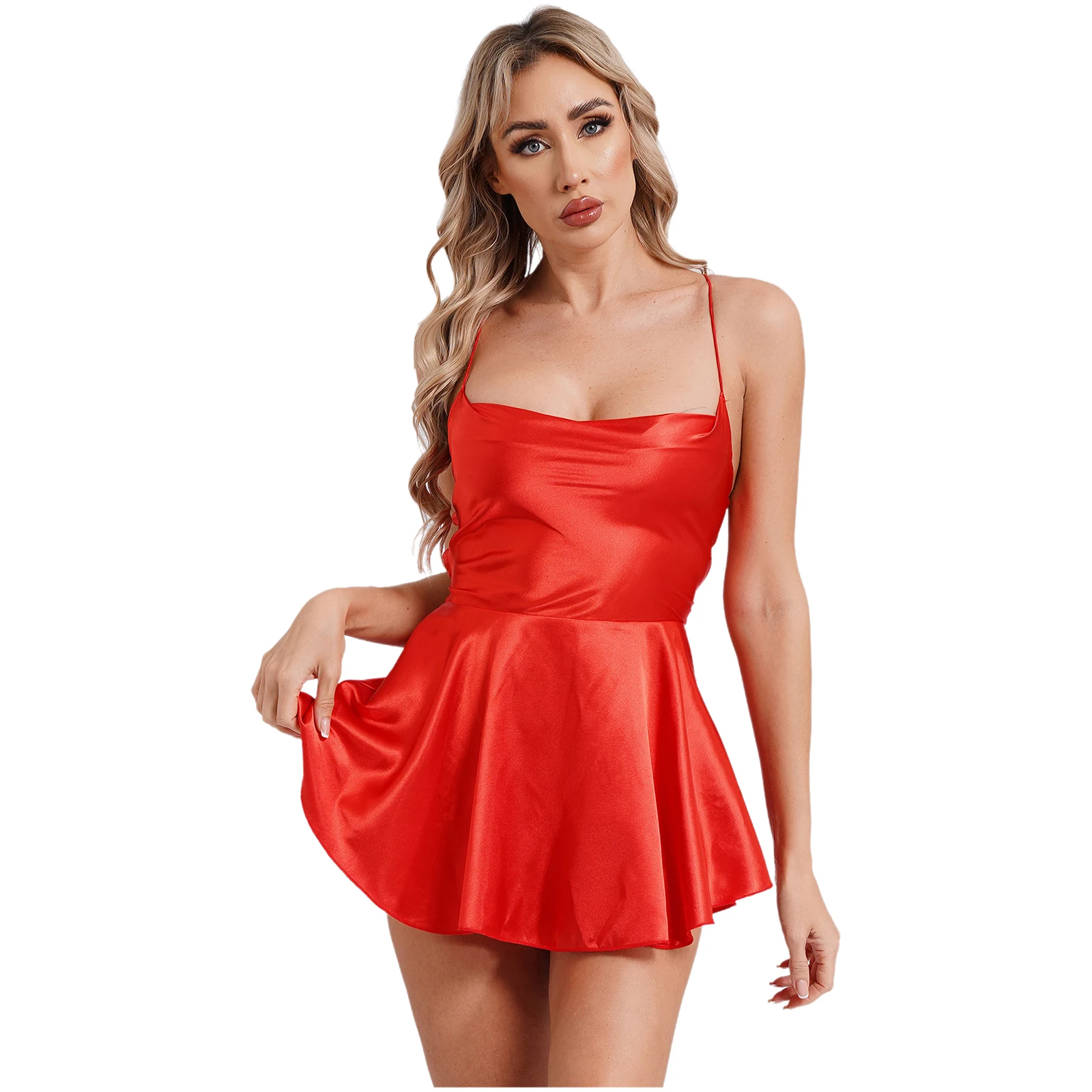 

Womens Sexy Satin Mini Dress Sleeveless Spaghetti Straps Lace-up Backless A-line Dresses for Disco Nightclub Cocktail Party