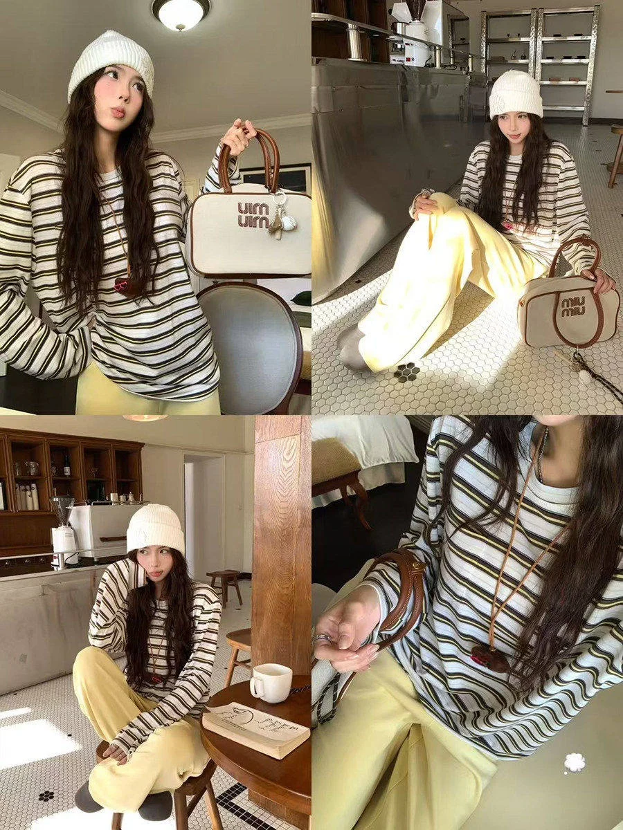 

Linyunyun Casual Long Sve T-irt Women's Autumn Slimming Top Wide Leg Pants Color Blo Striped Pattern Comfortable Polye...