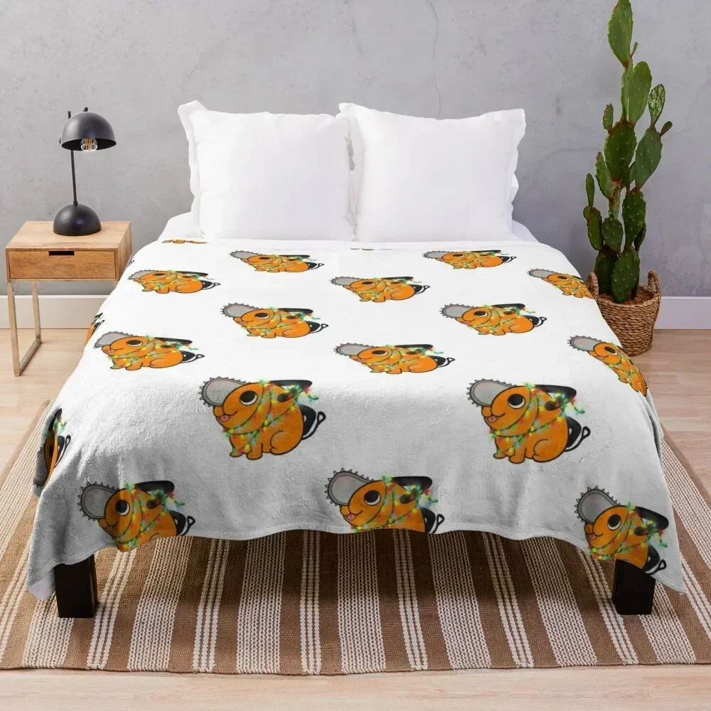 

Cute Pochita with christmaslights Throw Blanket Soft Warm Blanket Gift for Grandparents