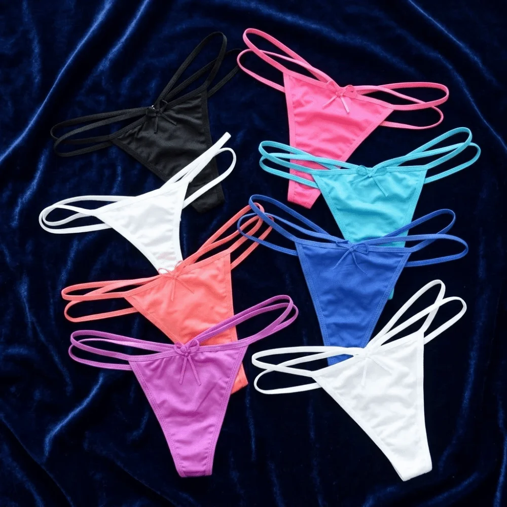 Breathable Cotton Crotch Strappy Thongs Traceless Low Waist Bow Briefs Solid Color Underpants T-back Panties Lingerie