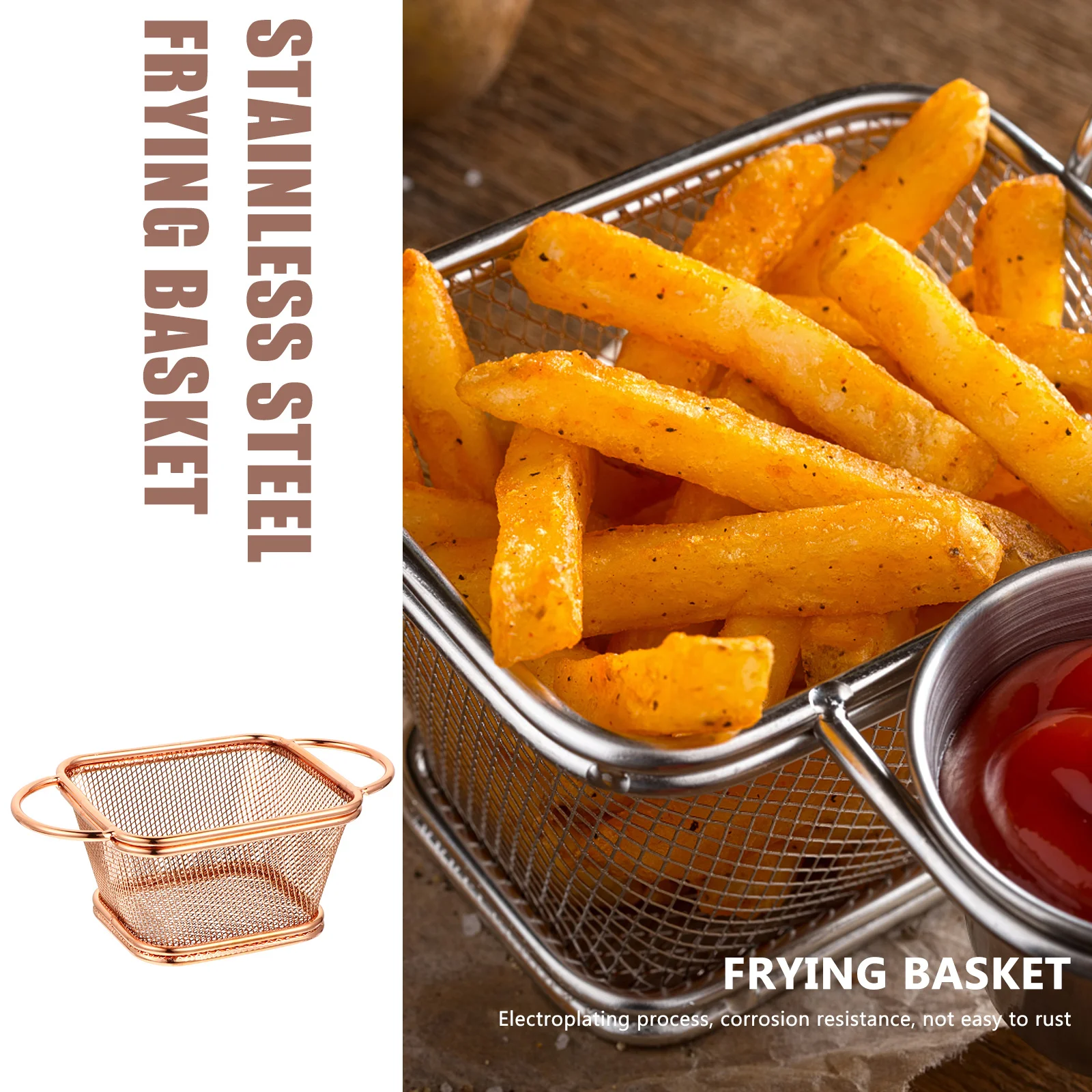 

1Pcs Stainless Steel French Fries Frying Basket Rose Gold Heavy Duty Kitchen Utensil for Home Restaurant Multi-Purpose Deep
