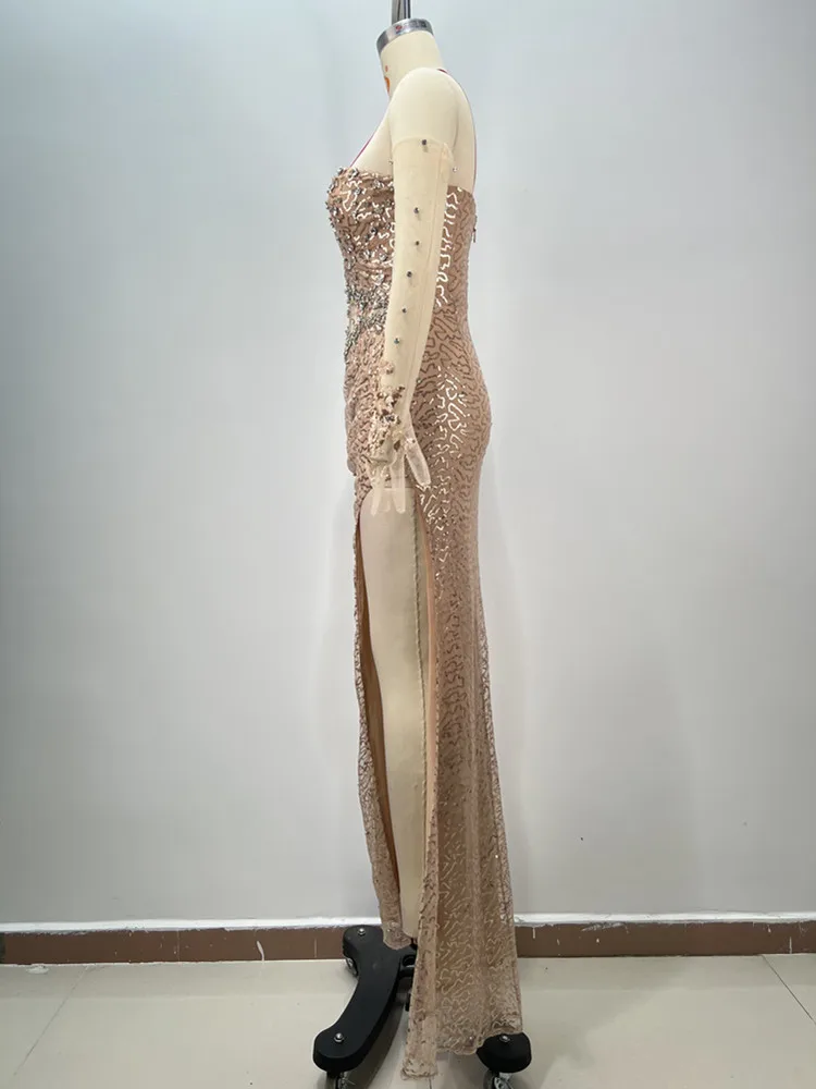 Sexy Strapless Backless Mesh Sequins Crystal Diamonds Maxi Long Women Celebrity Dress 2025 Elegant Party Evening Club Vestido