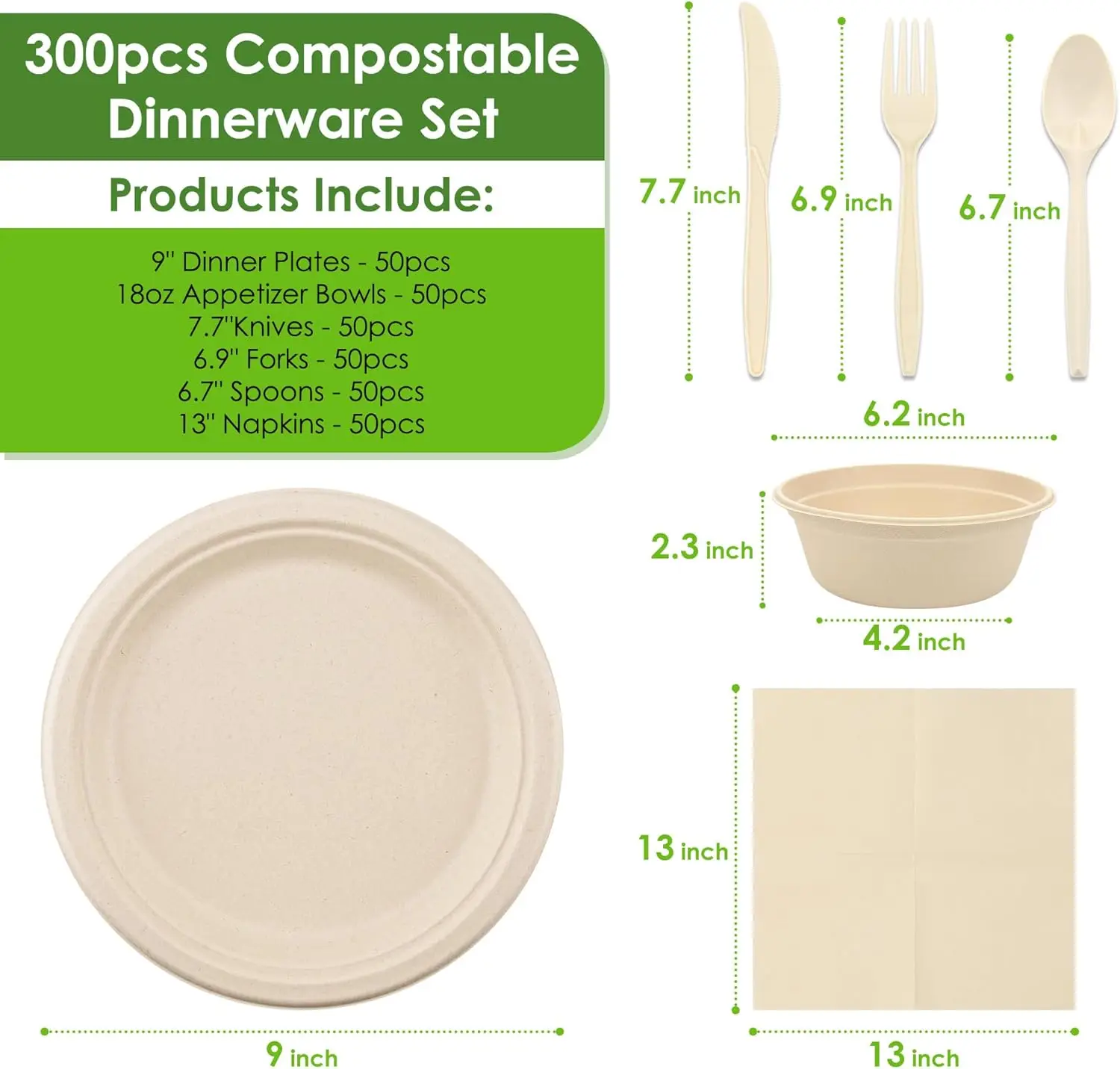 Disposable Paper Plates Set 300Pcs Compostable Sugarcane Plates, Bowls, Heavy-Duty Utensil, Biodegradable Napkins, Eco-Friendly