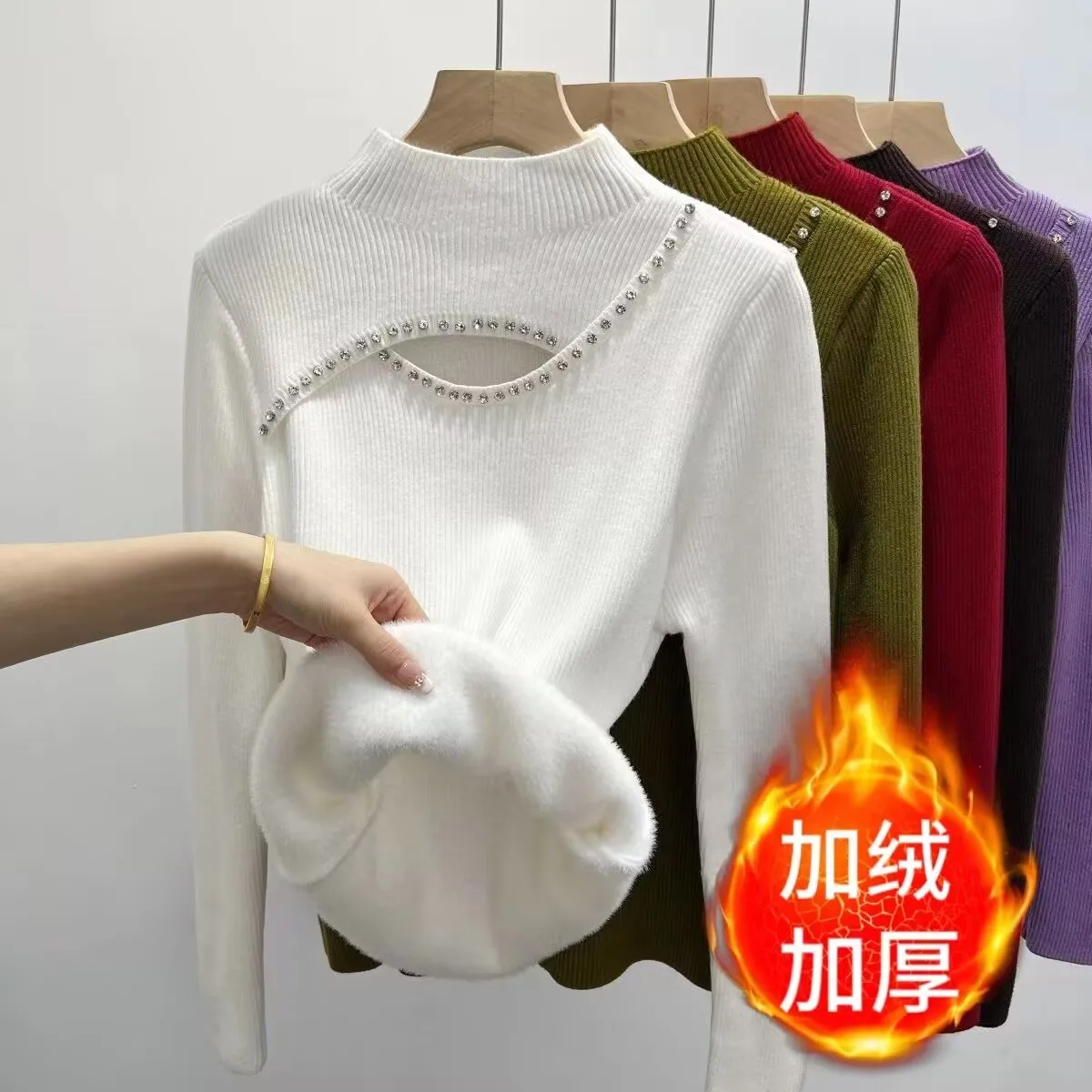 Beading Hollow Out Fleece Sweater Women Autumn Winter Mock Neck Thick Base Shirt Femme All-match Warm Sweater Tops New 2024