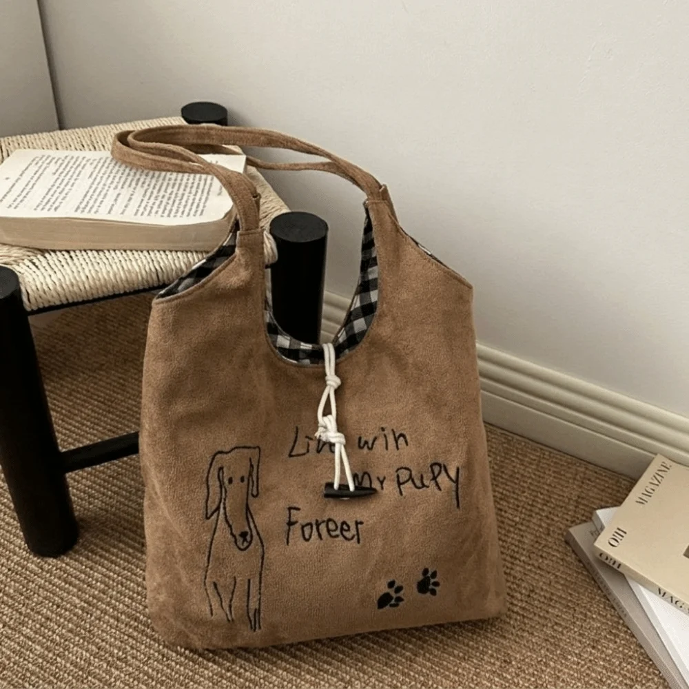 Vintage Puppy Paw Print Tote Bag Little Dog Washed Canvas Drawstring Shoulder Bag Soft Fabric Large Capacity Shopper Bag