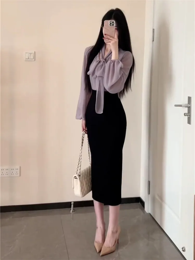 E Falda Larga de Cintura Alta con Elástico, Falda de Media Pierna para el Trabajo, Estilo Casual, con Abertura Trasera...