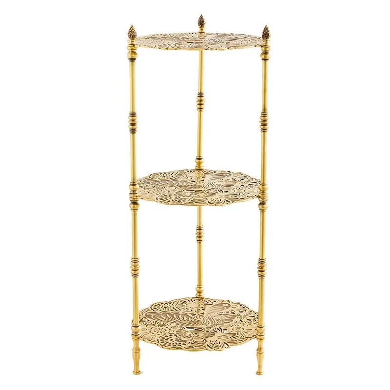 Retro brass carved shelf, living room side table, medieval flower rack, three-layer hollow storage rack