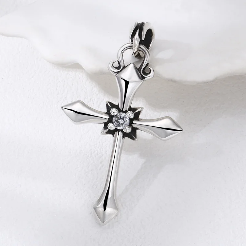 S925 Sterling Silver Cross Pendant Clean Stone Old Process Simple Punk Style Thailand Silver Fine Jewelry FYNE255