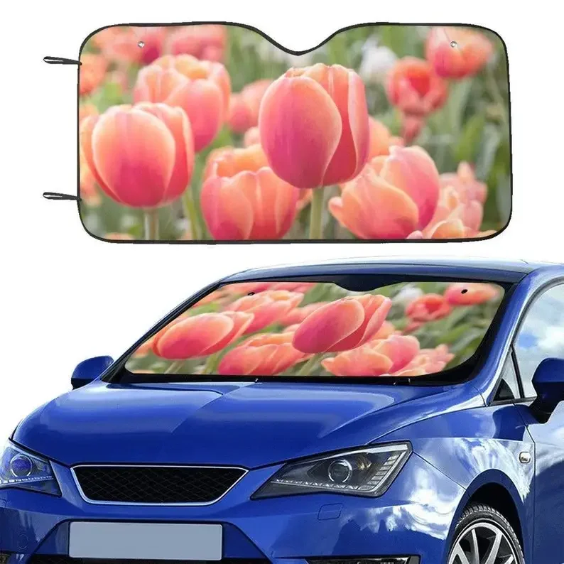 Tulip Flowers Sun Windshield, Floral Pink Car SUV Accessories Auto Shade Protector Front Window Visor Screen Cover Decor